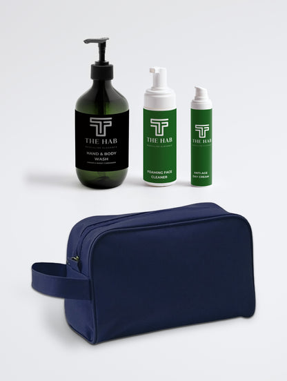 The HAB Gift Set: Hand and Body Wash, Foaming Face Cleaner and Anti-Age Day Cream with the navy toiletry bag