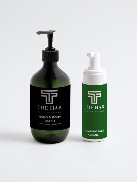 The HAB Gym Kit: Hand and Body Wash Ginger Cardamom, 490ml and Foaming Face Cleaner, 150ml
