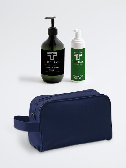 The HAB Gym Kit: Hand and Body Wash Ginger Cardamom and Foaming Face Cleaner with the navy toiletry bag
